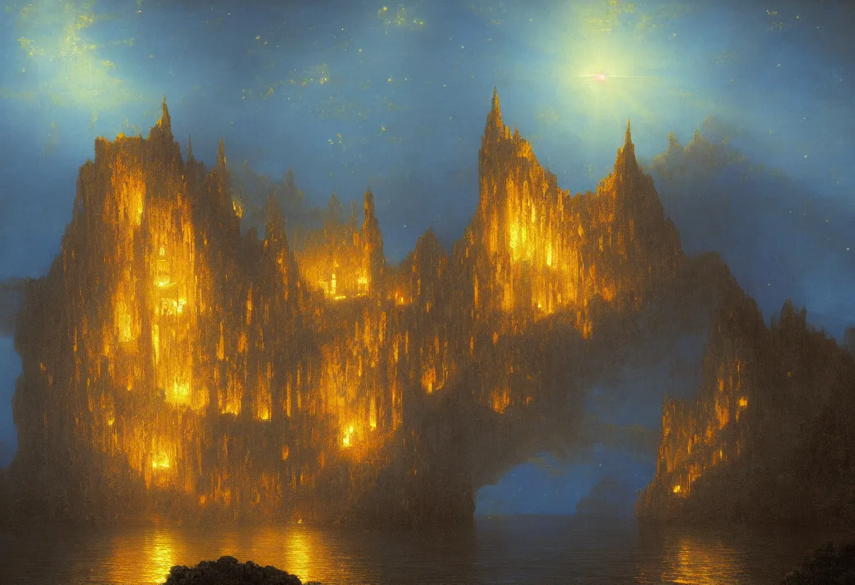 Prompt: a beautiful ultradetailed painting of a single gilded cathedral at the edge of a cliff next to a deep blue sea illuminated by orange fireflies, albert bierstadt, makoto shinkai, 8 k, light effects, trending on artstation