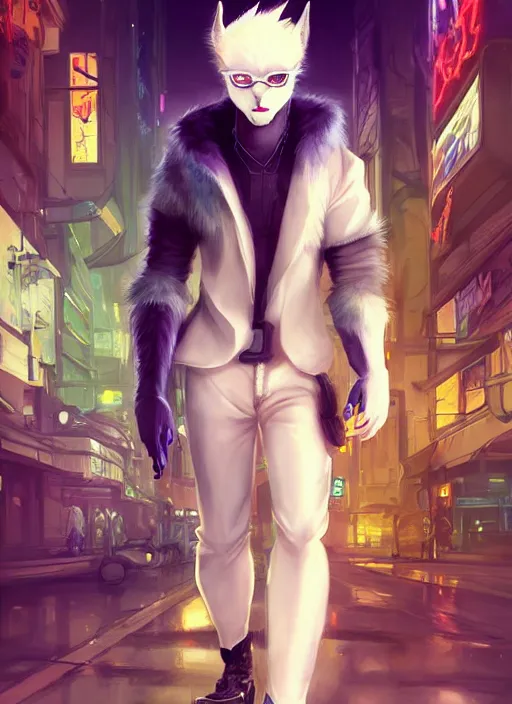 Image similar to award winning beautiful portrait commission art of a male furry anthro albino wolf fursona with a tail and a cute beautiful attractive detailed furry face wearing black stylish cyberpunk pants and boots in a cyberpunk city at night while it rains. Character design by charlie bowater, ross tran, artgerm, and makoto shinkai, detailed, inked, western comic book art