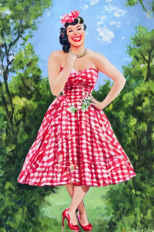 Image similar to a full view portrait of a beautifull woman, wearing a dress,with a beautifull smile,a garden background.in american style pin up.anatomically correct