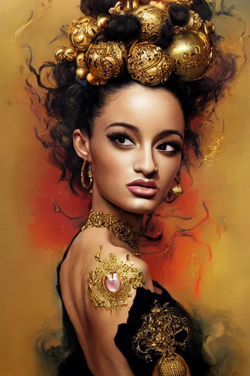 Image similar to an epic painting of arianna grande, curly messy high bun hairstyle, oriental tattoos, jeweled ornament over forehead, subject wearing a gold and black high fashion gown, flowing, ornate, beautiful, intricate, dramatic earth colors, with few fire red highlights, by jeremy mann and greg rutkowski, 8 0 mm lens, trending on artstation, oil on canvas