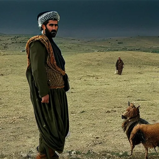 Image similar to Kurdish shepherd wearing Kurdish clothes in a movie directed by Christopher Nolan, movie still frame, promotional image, imax 70 mm footage