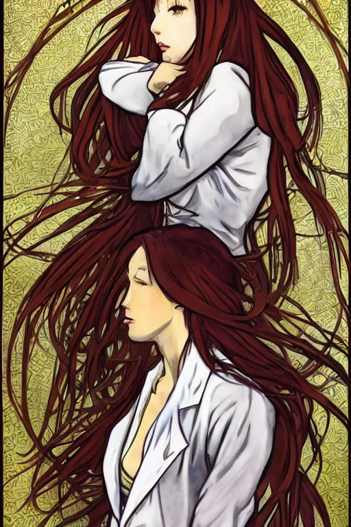 Image similar to Kurisu Makise in long lab coat tonemapped in the style of Ayami Kojima and Alphonse Mucha