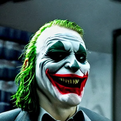 Prompt: The Joker in the dark knight wearing a latex shoebill stork mask