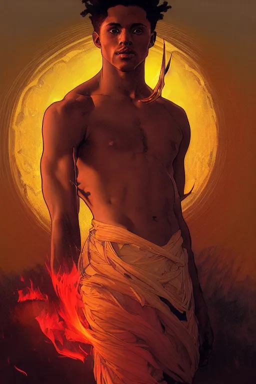 Image similar to portrait of a beautiful young fit male spirit with fire hairs and coal black skin, fire halo, by greg rutkowski and alphonse mucha, d & d character, gradient red to yellow, in front of a desert background, highly detailed portrait, digital painting, artstation, concept art, smooth, sharp focus ilustration, artstation hq