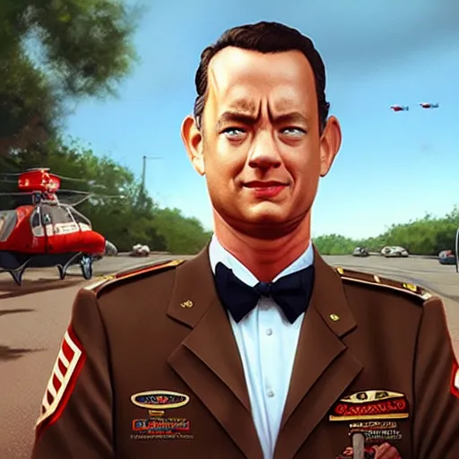 Image similar to tom hanks as forrest gump with giant shrimp heads instead of hands, photorealistic, cgsociety, artstation