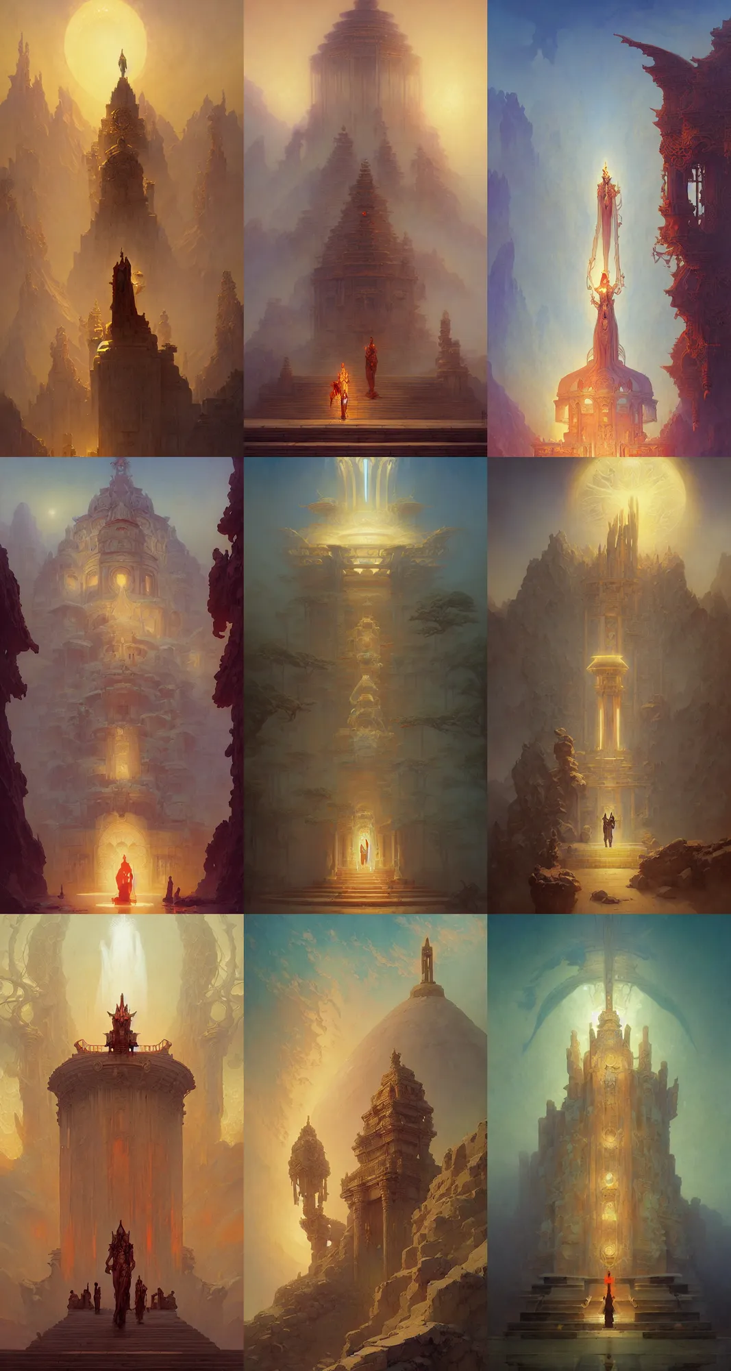 Prompt: temple of the sun, art nouveau architecture, fantasy, art by joseph leyendecker, peter mohrbacher, ivan aivazovsky, ruan jia, reza afshar, marc simonetti