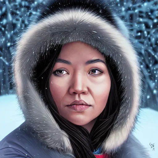 Image similar to portrait of emma an inuit in her 3 0 s with dark hair and chubby cheeks dressed in a winter parka, detailed face, smooth, sharp focus, graphic novel, art by artgerm and greg rutkowski and pepe larraz,