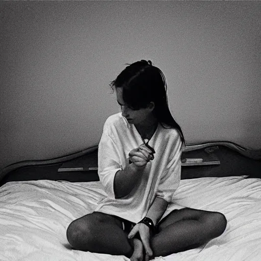 Image similar to girl is sitting on a bed with her legs crossed, a black and white photo by harriet powers, instagram contest winner, shock art, 2 0 megapixels, art on instagram, photocopy