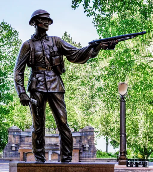 Image similar to a 4 k photorealistic photo medium shot of a bronze statue of an american soldier holding a rifle in a park