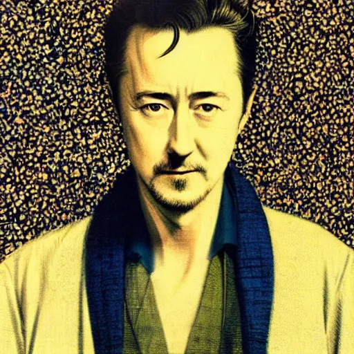 Image similar to “ edward norton portrait by ikenaga yasunari and ayana otake and ko rakusui, 6 0 s poster, drawing, realistic, sharp focus, japanese, dreamy, nostalgia, faded, golden hues, floral clothes, porcelain skin ”