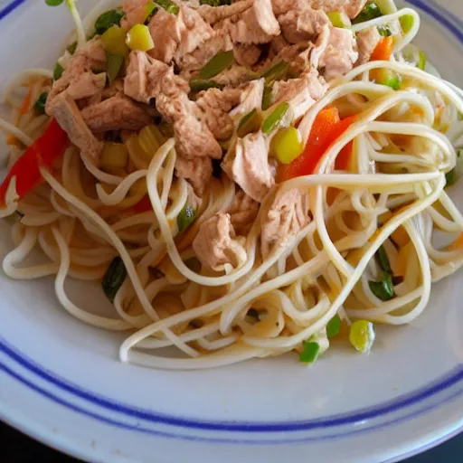 Prompt: a really tasty dish, full of noodles and tuna