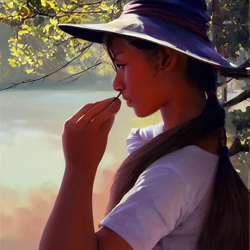 Prompt: oil painting by ilya kuvshinov,, baugh casey, artgerm craig mullins, coby whitmore, of a youthful indian girl, long hair, fishing and wearing fisherman's outfit, fisherman's hat, highly detailed, breathtaking face, studio photography, noon, intense bounced light, water reflection, large tree casting shadow, serine intense sunlight