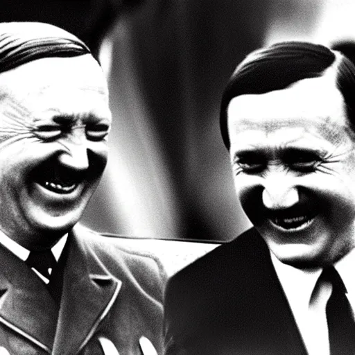 Image similar to “ very photorealistic photo of hitler and joe biden laughing together, award - winning details ”