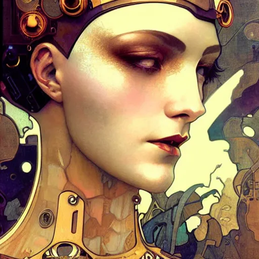 Image similar to close - up portrait of a beautiful female steampunk android in the style of ex machina, karol bak, alphonse mucha, greg rutkowski,