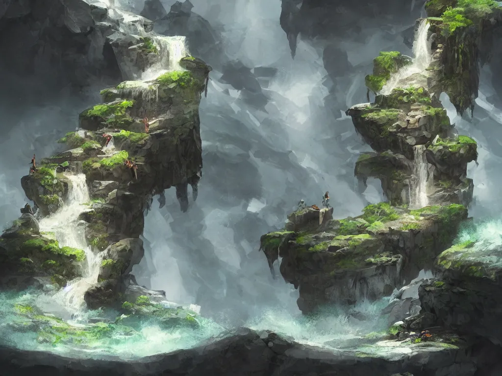 Image similar to A beautiful concept art painting of a giant levitating stone with waterfalls falling off its edges, by Natasha Tan, trending on artstation, dramatic lighting