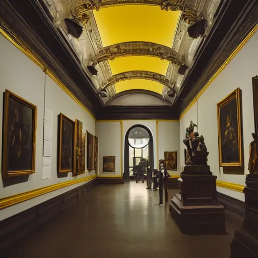 Prompt: a history museum hall with statues and paintings, dark academia aesthetics, mood light, yellow