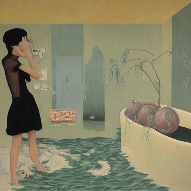 Image similar to tall female emo artist in her flooded bathroom, water gushing from ceiling, painting of flood waters inside an artist's bathroom, a river flooding indoors, pomegranates, pigs, ikebana, water, octopus, river, rapids, waterfall, black swans, canoe, berries, acrylic on canvas, surrealist, by magritte and monet