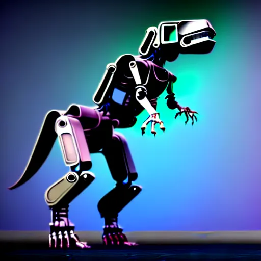 Image similar to an illustration of the full body of a cyberpunk robotic t-rex, we can see 2 legs and 2 extended arms, photorealistic, bokeh, 3D, unreal engine