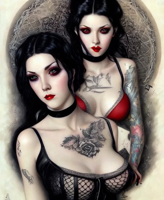 Image similar to two beautiful pale skin cosplay girls, gray eyes, black hair, fully tattooed body, fishnet corset with choker, symmetrical, beautiful detailed face, masterpiece, paint by karol bak