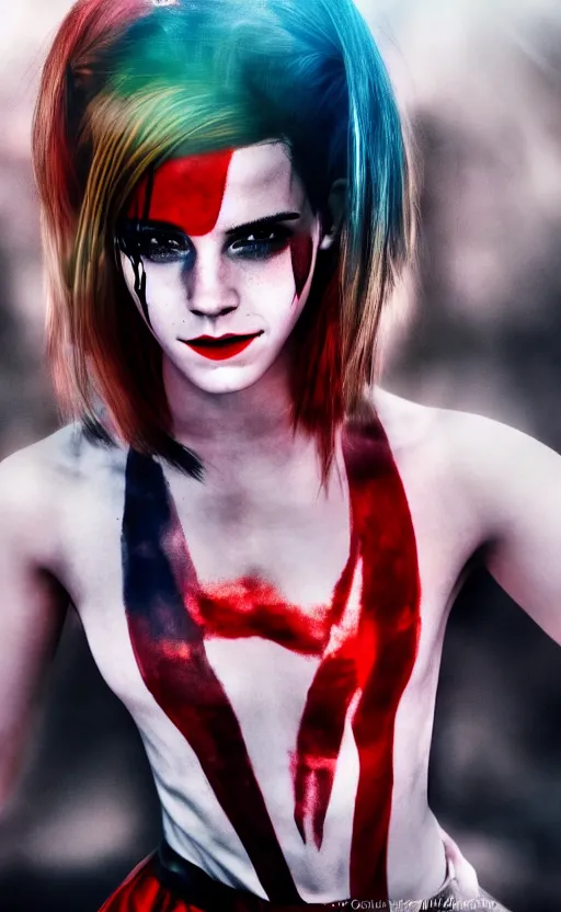 Image similar to Emma Watson as Harley Quinn, glowing, dramatic, cinematic, Sony a7R IV, symmetric balance, polarizing filter, Photolab, Lightroom, 4K, Dolby Vision, Photography Award