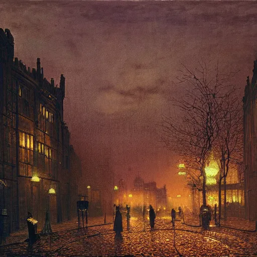 Prompt: Alien invasion in Victorian London at dusk by john atkinson grimshaw