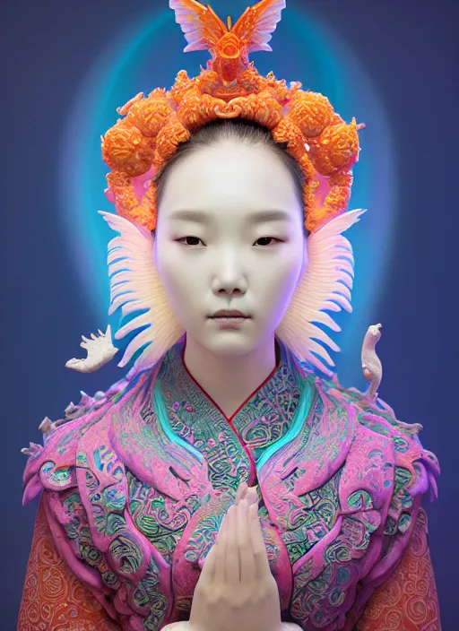 Prompt: 3 d goddess medium shot profile portrait. beautiful intricate highly detailed korean gumiho mask and traditional korean hanbok. stingray, magpie, bioluminescent, plasma, lava, ice, water, wind, creature, fog, artwork by tooth wu and wlop and beeple and greg rutkowski, in the style of hudson river school,