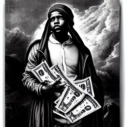 Image similar to lil durk rapper holding stacks of cash, biblical image, style of gustave dore, highly detailed, beautiful, high contrast, black and white