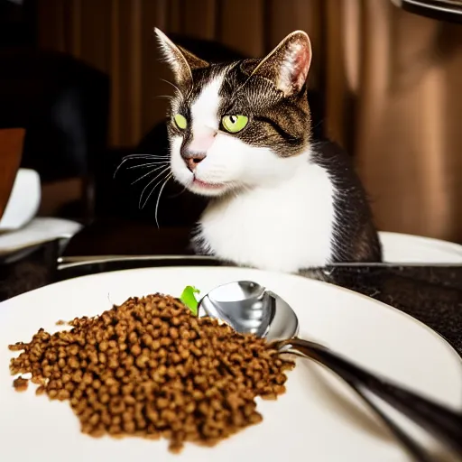 Image similar to A photo of a cat wearing a suit sitting in a fancy and expensive gourmet restaurant and eating a plate of cat food. f/2.8, dim lighting, award winning photo