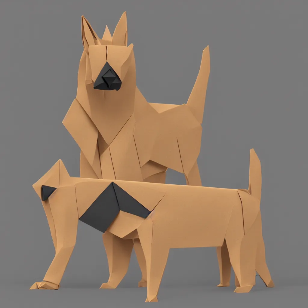 Prompt: 3 d rendering of japanese cardboard origami of simple shape of german shepherd, 2 d image, trending on artstation
