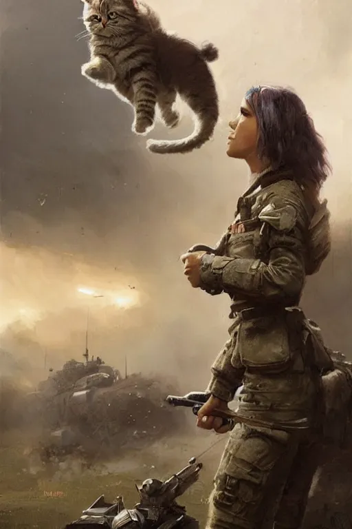 Image similar to a female sodier with a head of a british longhair cat in the war, epic scene, by greg rutkowski