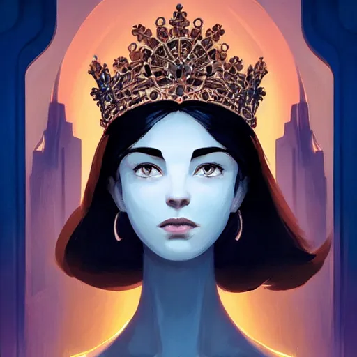 Image similar to face icon stylized minimalist a beautiful black haired woman with pale skin and a crown on her head sitted on an intricate metal throne, loftis, cory behance hd by jesper ejsing, by rhads, makoto shinkai and lois van baarle, ilya kuvshinov, rossdraws global illumination,