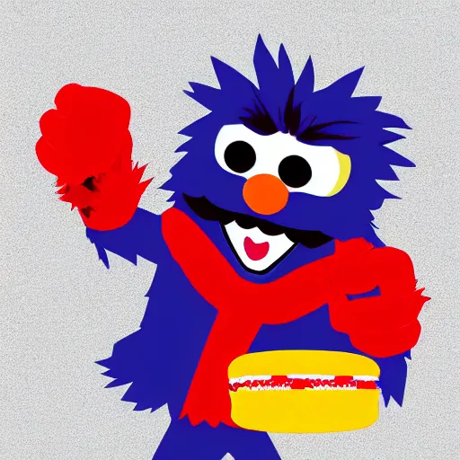 Image similar to The Philly Phanatic fist-fighting Gritty over a quarter-pounder with cheese, digital art, realistic, trending on artstation