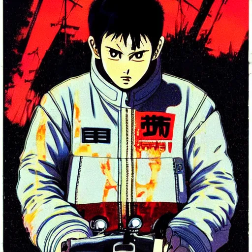 Image similar to kaneda on his bike in neo tokyo looking for akira, night, neon lights, speed, art by katsuhiro otomo