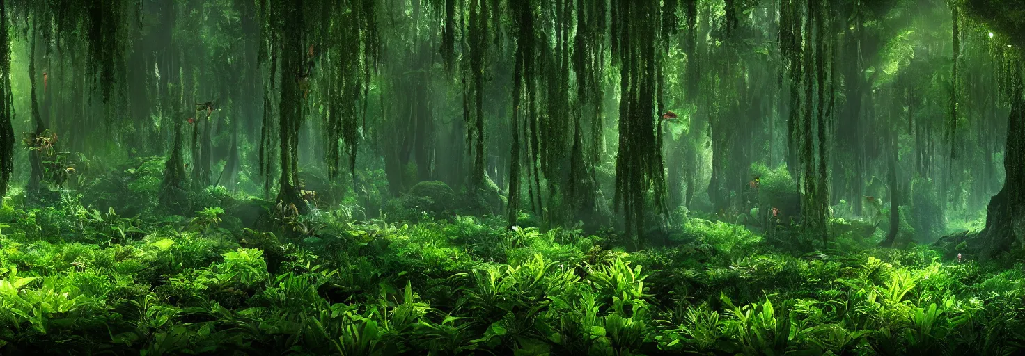 Prompt: a forest with glowing plants, wide shot, cinematic, ultra realistic, ultra detailed, in style of avatar movie