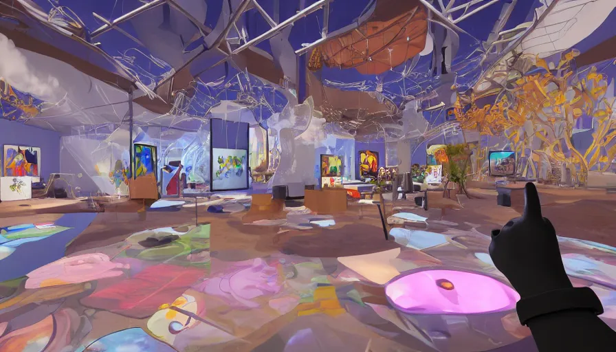 Prompt: POV Vrchat video game about exploring a innovative creative culture museum art gallery exhibit of immersive digital interactive Gucci mini futuristic eco city installations,