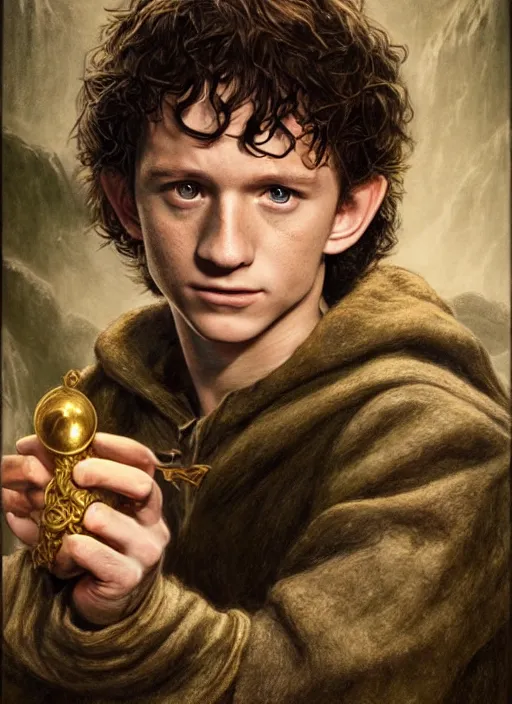 Image similar to portrait of tom holland as frodo, hobbit holding a gold ring with engravings, by alan lee, lord of the rings, smooth, detailed terrain, oil painting, matte painting, concept art, trending on artstation, promotional artwork, film still, elegant, photorealistic facial features, intricate, detailed face, cinematic lighting