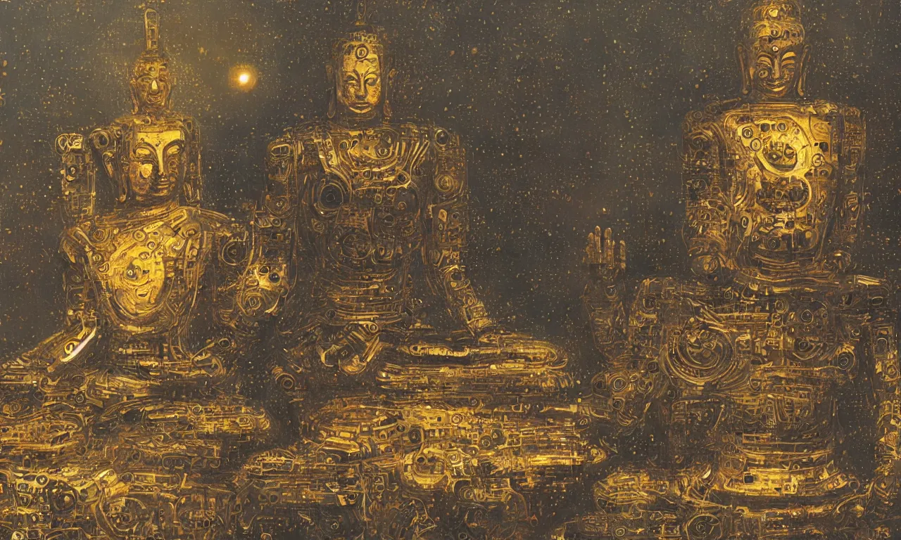 Prompt: robot buddha meditating on a microprocessor while preaching enlightenment to humans, highly detailed, cosmic background, realistic oil painting by greg rutkowski,
