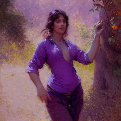 Image similar to a woman in a purple shirt with a normal body type, painting by Gaston Bussiere, Craig Mullins