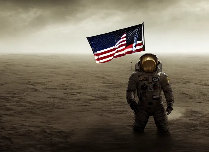 Image similar to astronaut holding a flag in an underwater desert. a submarine is visible in the distance. dark, concept art, cinematic, dramatic, atmospheric, 8 k, trending on artstation, blue, fish, low visibility, fog, ocean floor, christopher nolan, interstellar