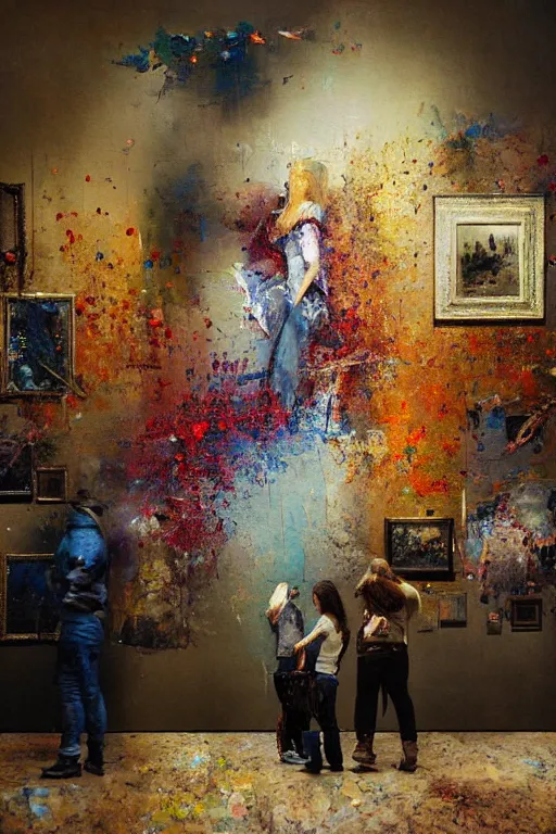 Image similar to a beautiful glitched painting by robert proch of people in front of a painting in a museum gallery, metal rust and plaster materials, pixel sorting, color bleeding, brushstrokes by jeremy mann, still life, dark colors