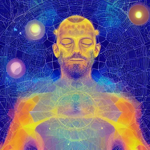 Prompt: a man in a deep meditative state become one with the universe, digital art, illustration