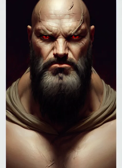 Prompt: Portrait of a man, bald, beard, scarred! Sith, evil, muscular, robes! night, intricate, elegant, highly detailed, digital painting, artstation, concept art, smooth, sharp focus, illustration, art by artgerm and greg rutkowski and alphonse mucha