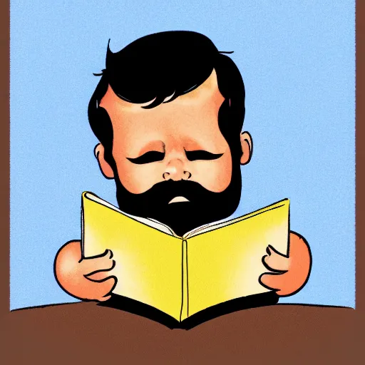 Prompt: baby with a beard crying reading a book