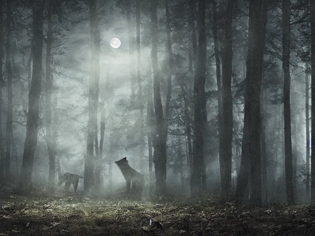 Image similar to a large wolf walking on a dark path through the forest at night under a full moon, 4 k, photorealistic, matte painting,