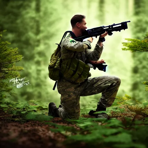 Image similar to A soldier in a forest shooting at an enemy drone with his machine gun, HDR, 8k, trending on artstation