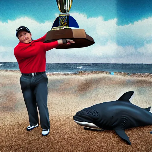 Image similar to highly detailed photo of a midget golfer standing on a beached whale. the crowd is cheering him as he lifts the trophy. highly detailed render, photorealistic, concept art, sfx