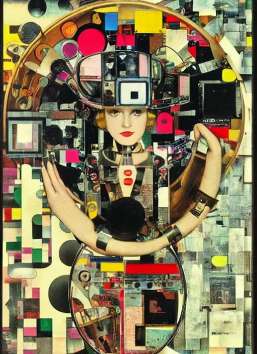 Image similar to cute punk goth fashion fractal mecha blonde girl wearing a television tube helmet and kimono made of circuits and leds, surreal Dada collage by Mimmo Rotella Man Ray Kurt Schwitters Hannah Höch Alphonse Mucha Beeple