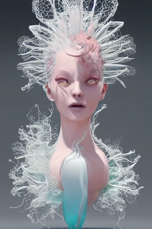 Image similar to an epic non - binary model, subject made of white melting porcelain, mesh headdress, flowing dress, with cerulean and pastel pink bubbles bursting out, delicate, beautiful, intricate, melting into ninetails, houdini sidefx, by jeremy mann and ilya kuvshinov, jamie hewlett and ayami kojima, trending on artstation, bold 3 d