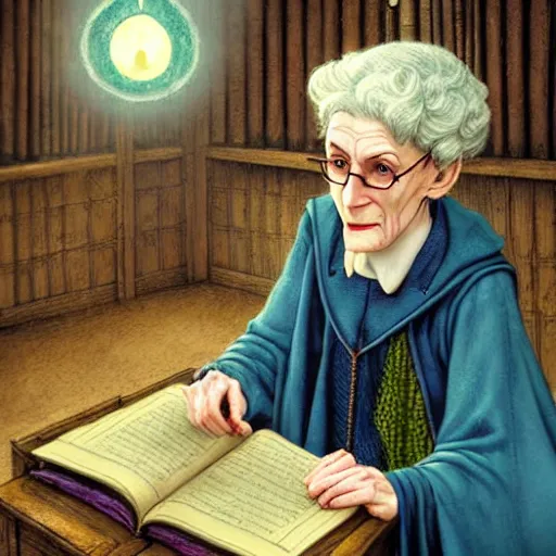 Prompt: Granny Weatherwax as a rigorous professor in Hogwarts School of Witchcraft and Wizardry, detailed, hyperrealistic, colorful, cinematic lighting, digital art by Paul Kidby and Jim Kay