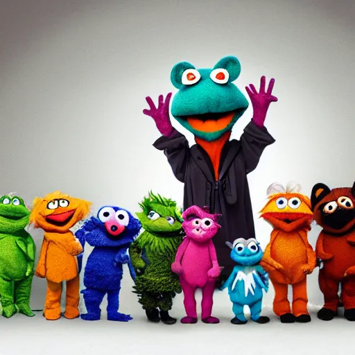 Image similar to a chibi fox muppet druid character wearing a hooded cloak holding a small muppet manatee in one arm and a muppet dinosaur cat in the other arm with a small herd of random muppet animals following behind, sesame street, photograph, photography, ultrarealistic, national geographic